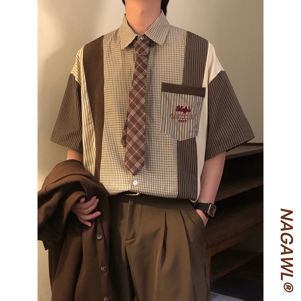 NAGAWL2025夏季日系复古学院风设计感撞色格子拼接短袖衬衫上衣男