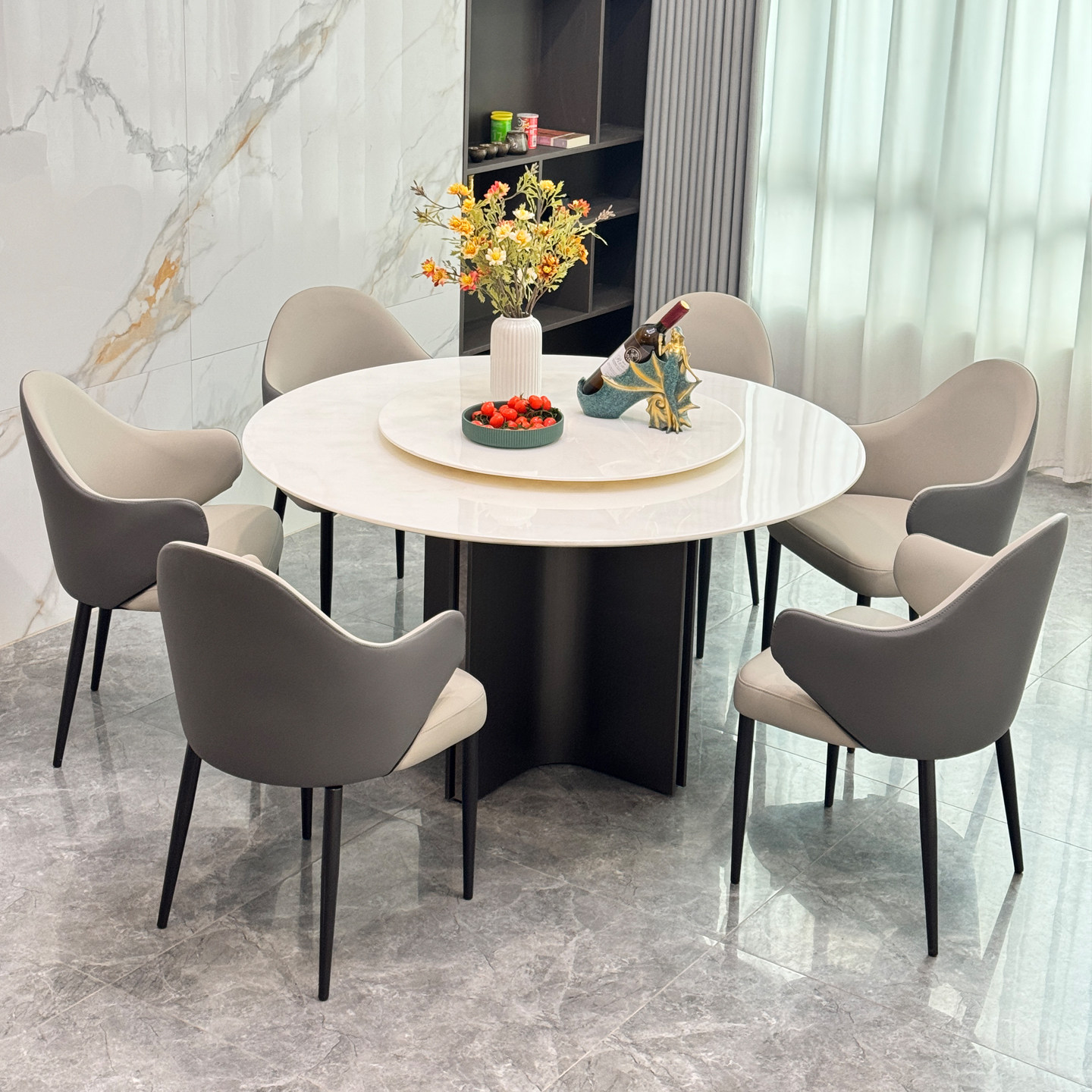 天然奢石餐桌意式轻奢高级感家用圆形大理石餐桌椅带转盘,住宅家具,大理石餐桌,淘宝优惠券,粉丝福利购,淘宝优惠卷
