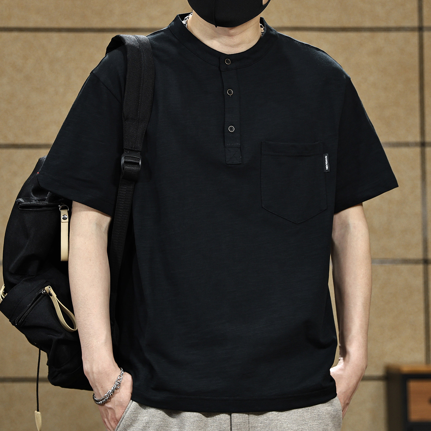 美式复古亨利衫领短袖t恤男士夏季新款透气竹节棉宽松口袋休闲T恤