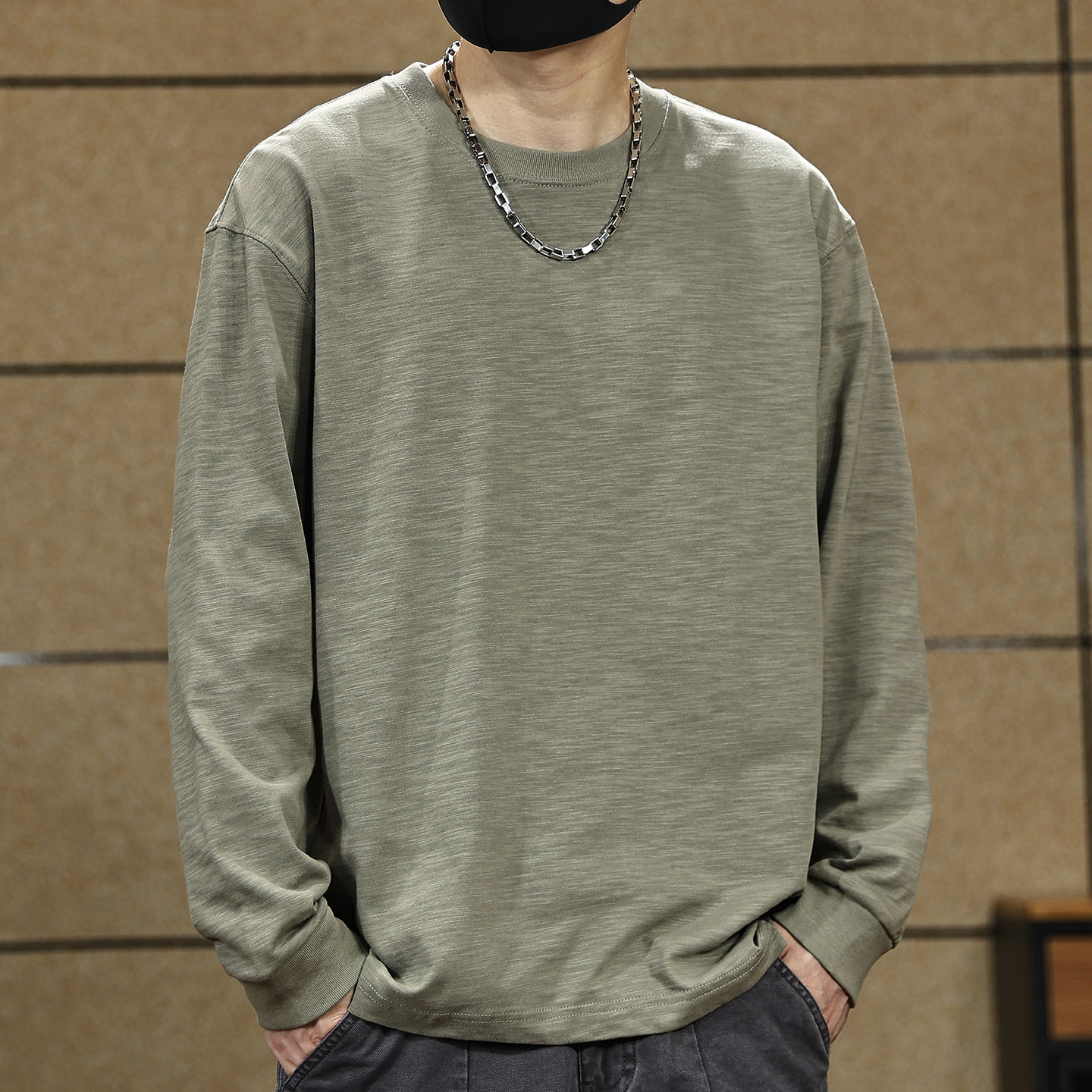 美式复古竹节棉长袖t恤男士秋季新款宽松纯色内搭打底衫卫衣男款