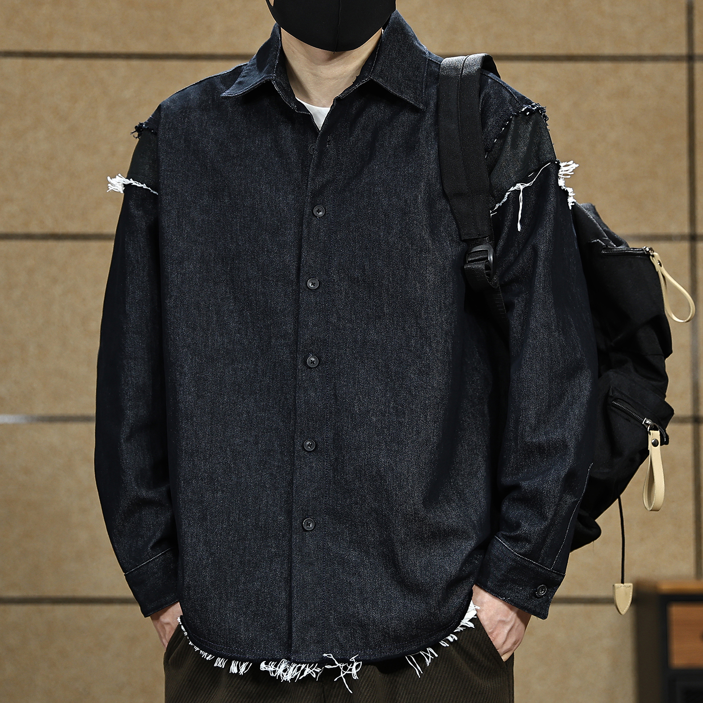 【高端美式毛边仿牛仔衬衫男】