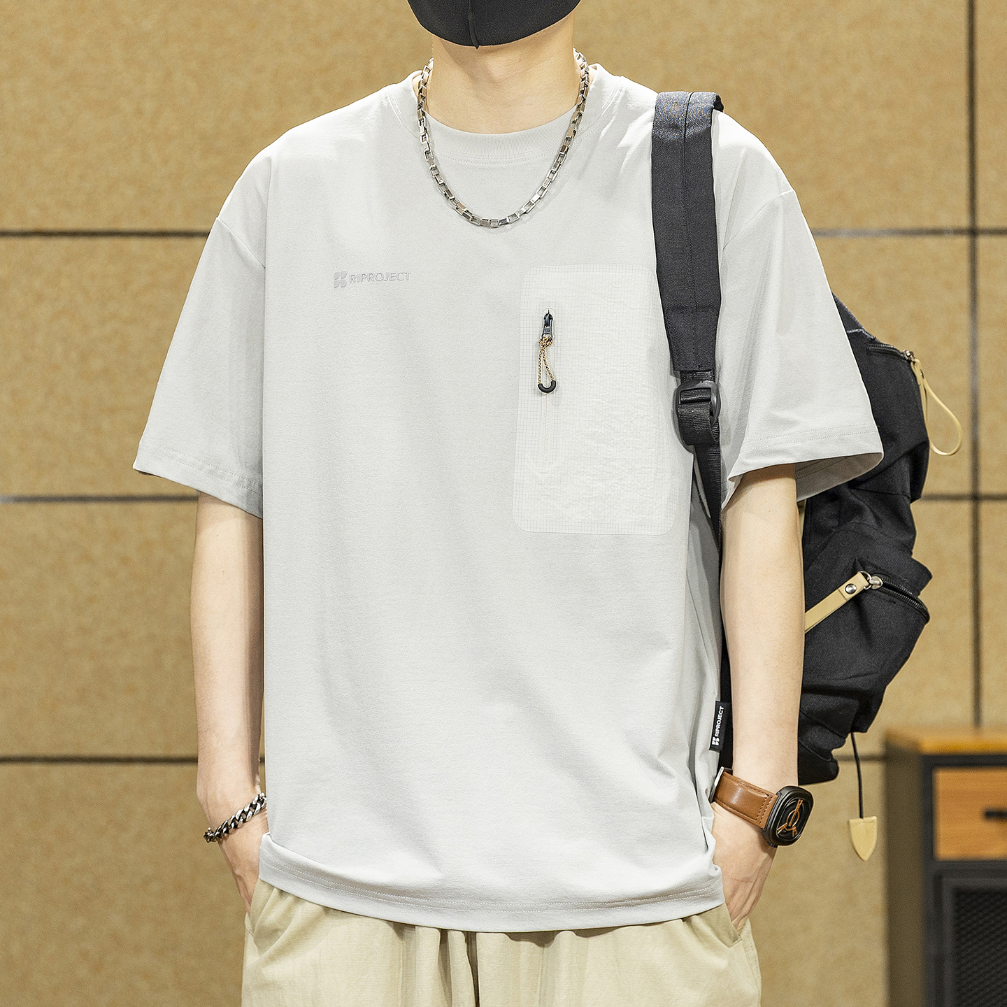 2025新款夏季薄款凉感口袋休闲短袖T恤男美式潮流百搭宽松五分袖