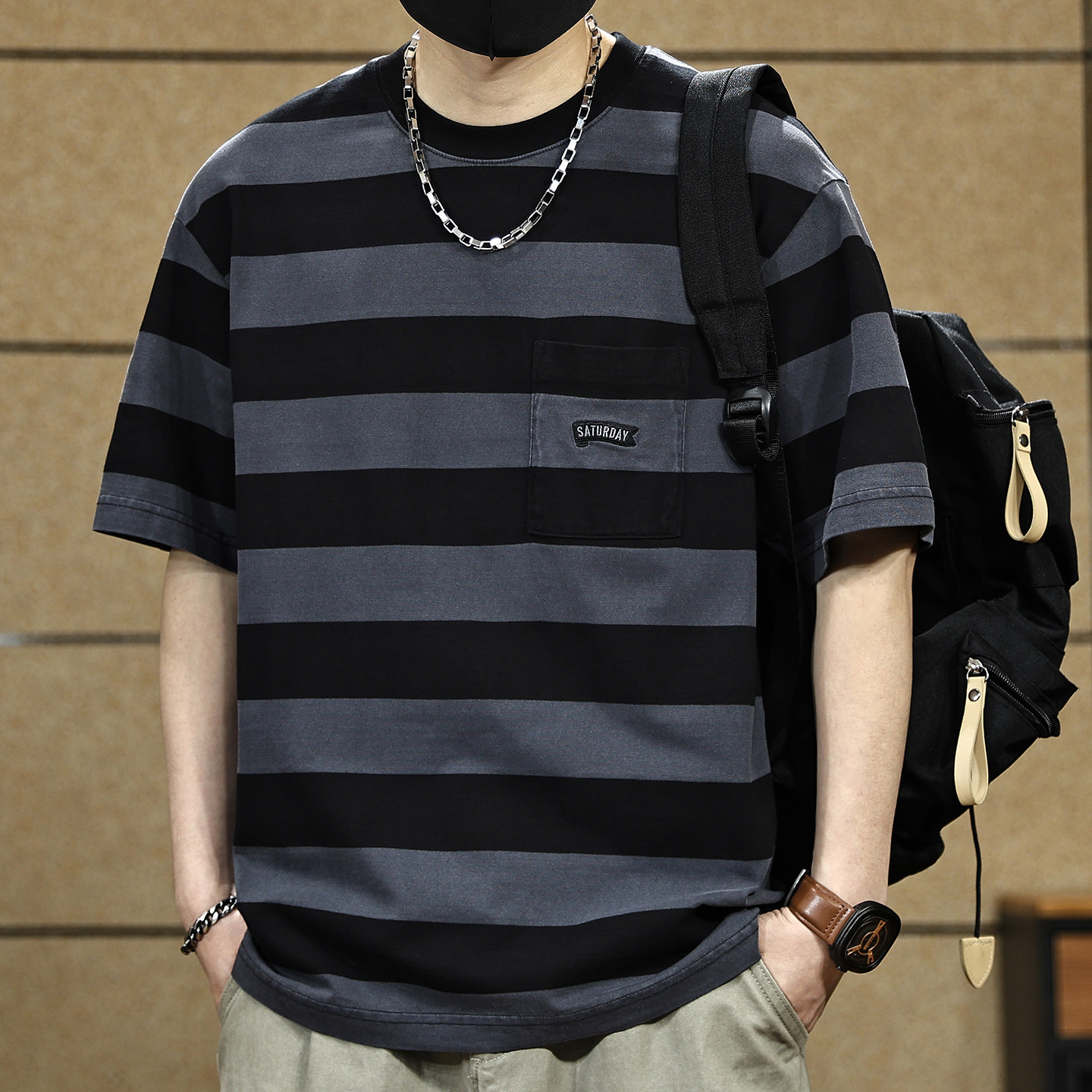 美式水洗条纹短袖T恤男士2026夏季新款重磅纯棉宽松半袖衫男款t恤,男装,T恤,淘宝优惠券,粉丝福利购,淘宝优惠卷