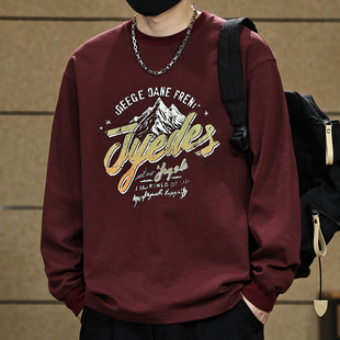 美式复古印花长袖T恤男竹节棉宽松套头潮牌长袖圆领卫衣打底衫男