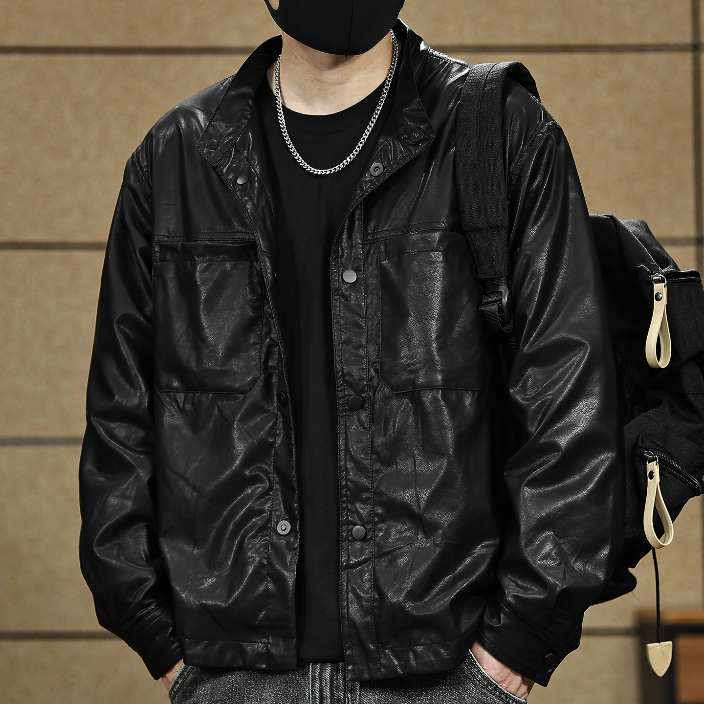 【美式立领PU皮衬衫外套男】