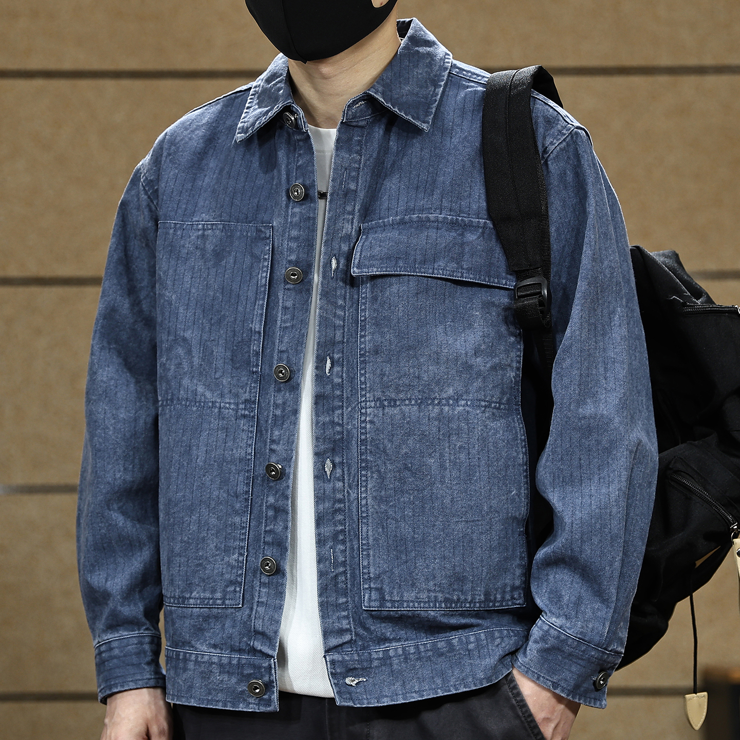 美式印花条纹纯棉外套男2025新款秋季潮牌重磅水洗休闲翻领夹克潮