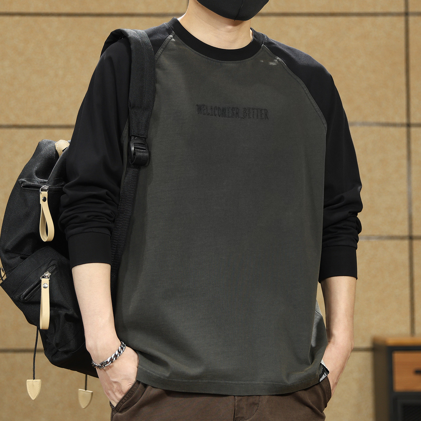 高端美式复古水洗插肩撞色长袖T恤男春秋新款宽松重磅纯棉打底衫