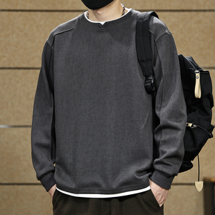 宽松水洗印花圆领卫衣潮牌叠穿打底衫 卫衣男秋冬款 假两件长袖 美式