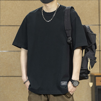 美式复古纯棉磨毛重磅t恤男夏季短袖男款潮牌宽松简约黑色上衣男