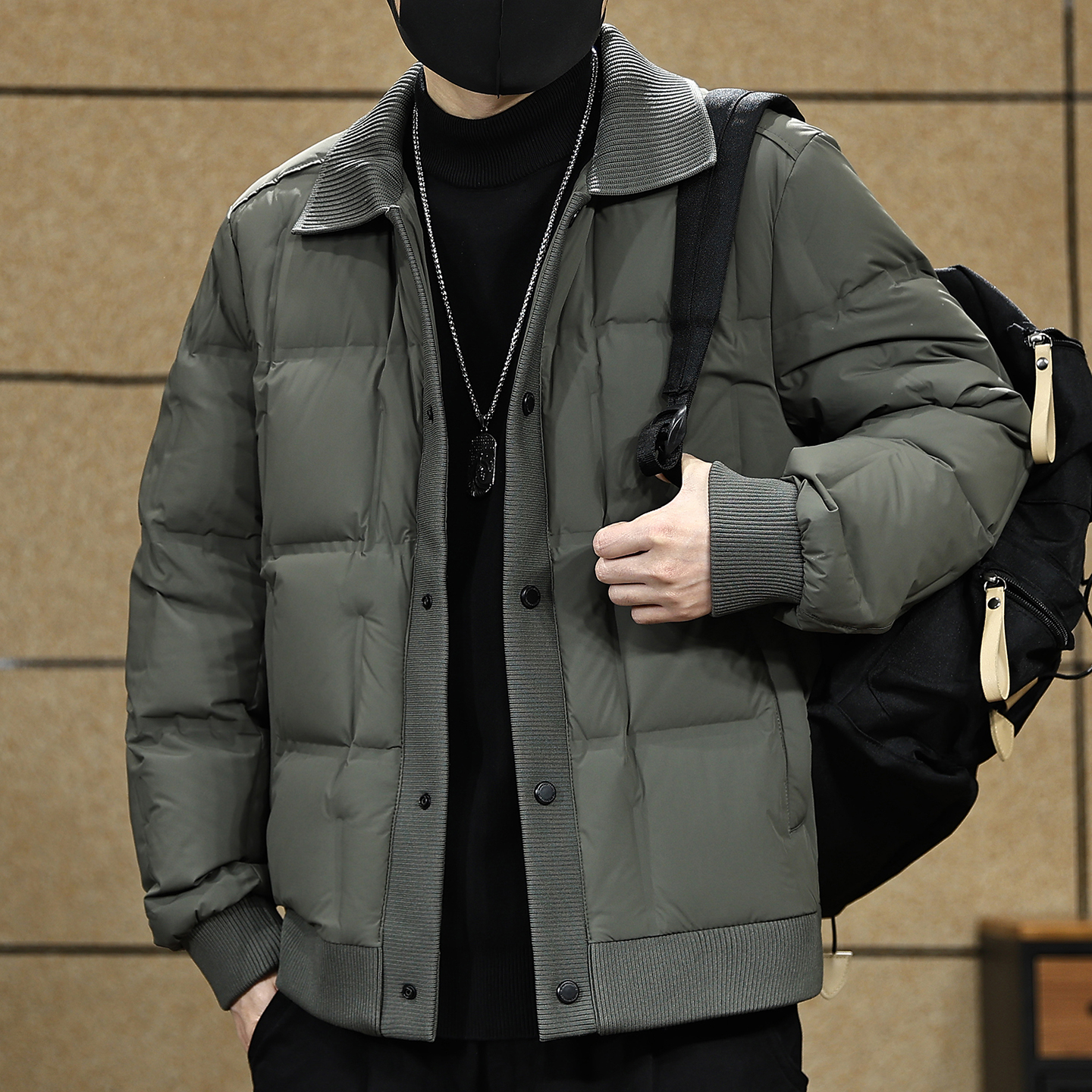 【90鸭绒美式针织拼接羽绒服男】