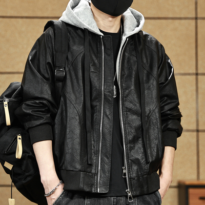 【连帽假两件飞行皮夹克】