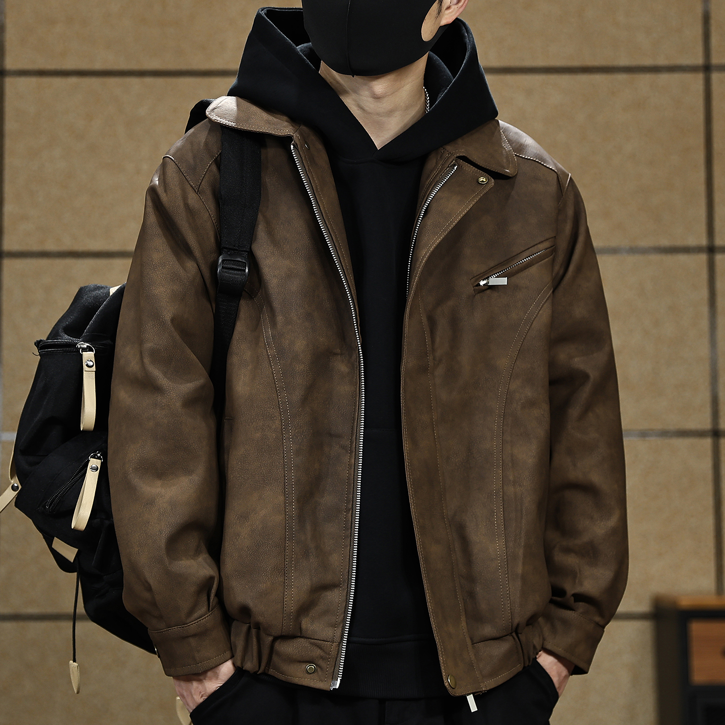 【美式冬季复古棉服皮衣夹克男】