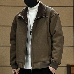 宽松加厚保暖羊羔绒棉衣外套 棉服冬季 皮毛一体美式 复古麂皮绒男士