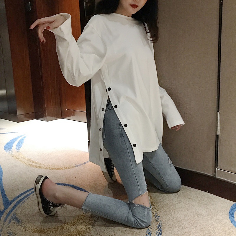 【商场同款】中长款大码纯色长袖t恤女秋宽松开叉打底衫秋冬韩国