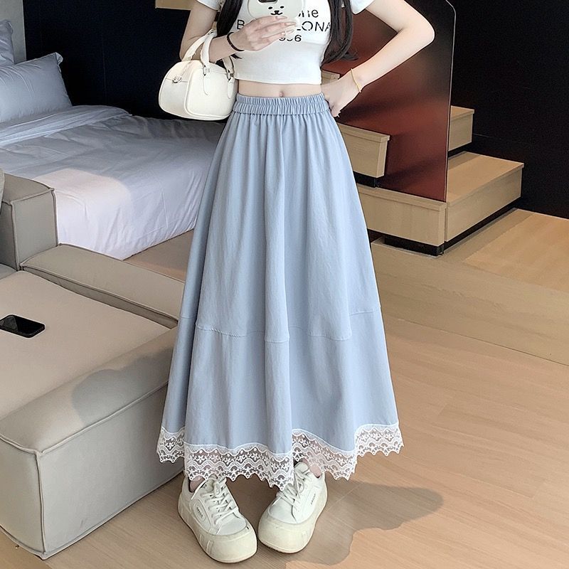 【商场同款】裙子女夏半身裙蕾丝高腰白色口袋半身裙新款显瘦a字