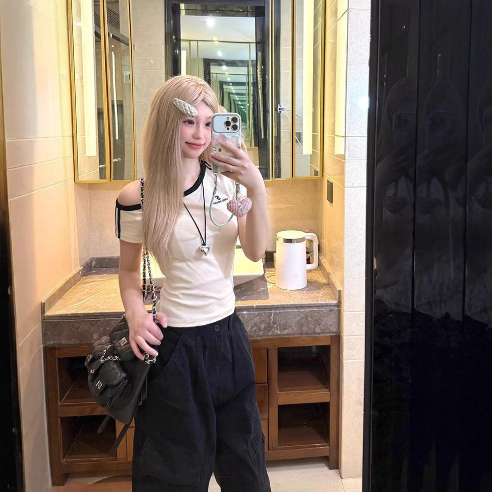 【商场同款】法式绝美小上衣斜肩露肩拼接短袖t恤女2025新款修身