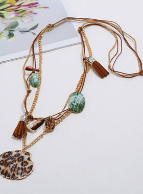 极速个性夸张贝壳l链条多层欧美 女饰品复古编绳天然贝壳项饰 项
