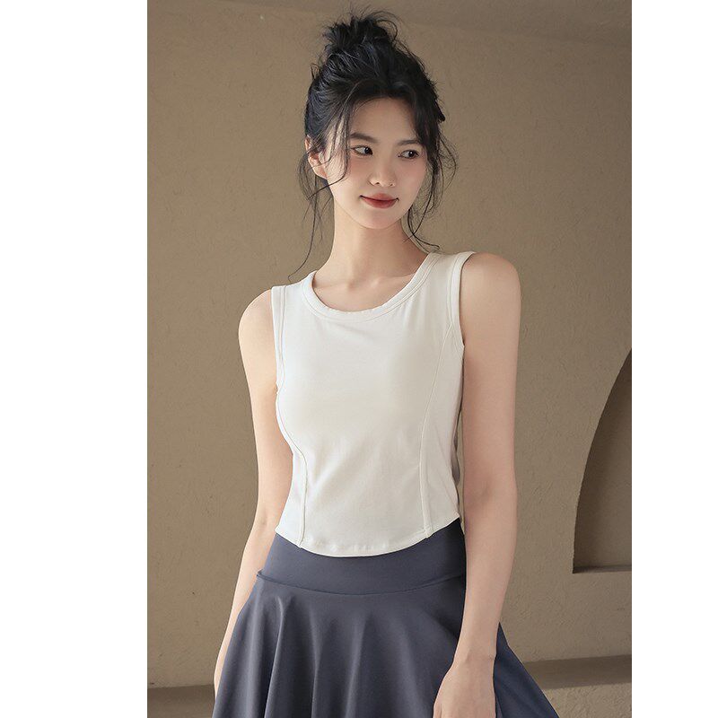 新品白色带胸垫运动背心女夏圆领短款外穿内搭无袖Vt恤打底衫无袖