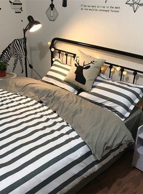 极速北欧简约条纹格子四件套1.A8m双人被套床单学生宿舍单人床上