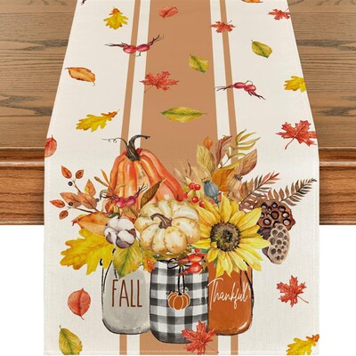 极速Autbumn Thanksgiving Table Runner Linen Buffalo Plaid Pu