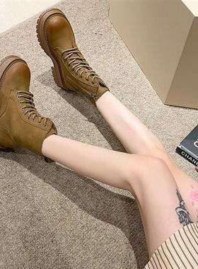 极速202c3年秋季新款大黄靴厚底系带机车马丁靴女英伦风复古工装