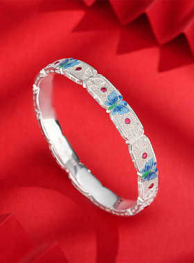 珐琅蝴蝶纯银手镯足银9999景泰蓝镂空闭口新中式银镯子送女友礼物