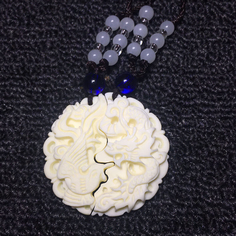 美芙仁创意DIY象牙果雕刻龙凤玉佩直径4.5cm全透光吊坠配饰男女情