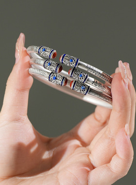 南红百福祥云如意心经圆棍纯银手镯女足银9999新中式级感银镯子