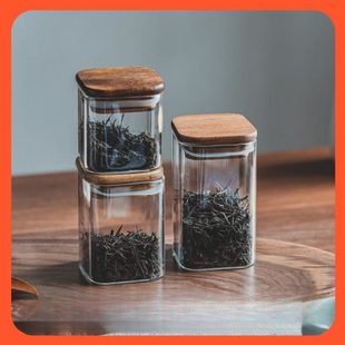 方形瓶木迷你小容量盖收纳玻璃储物罐茶叶罐五谷杂粮民宿密封咖啡