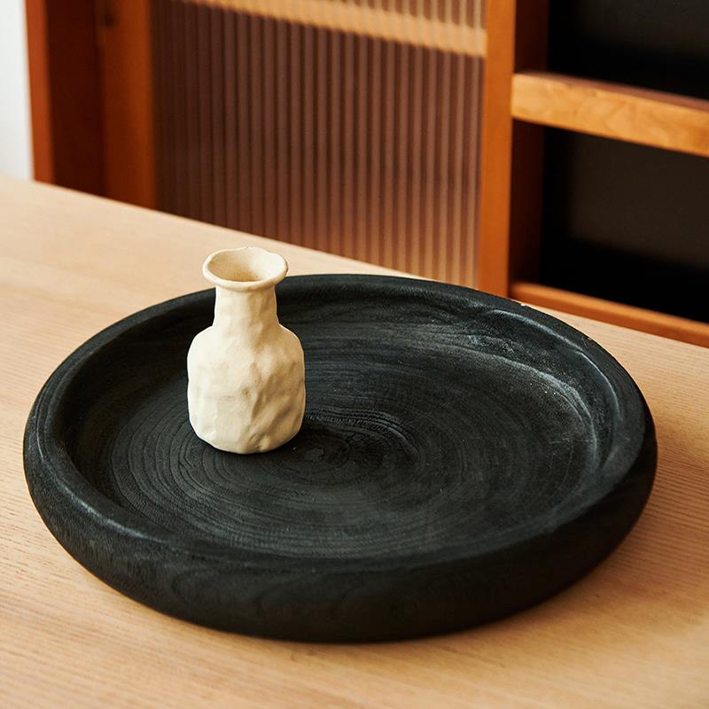侘寂风覆古黑色泡桐木圆形果盘阳台客厅茶几木质托 托盘装饰品摆