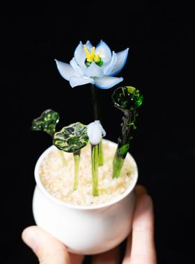 蓝莲花琉璃玻璃纯手工家居装饰书桌摆件小众淄博琉璃荷花琉璃摆件