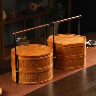 中式古风提篮覆古竹篮手工竹编食盒收纳盒礼盒茶具收纳彷古糕点篮