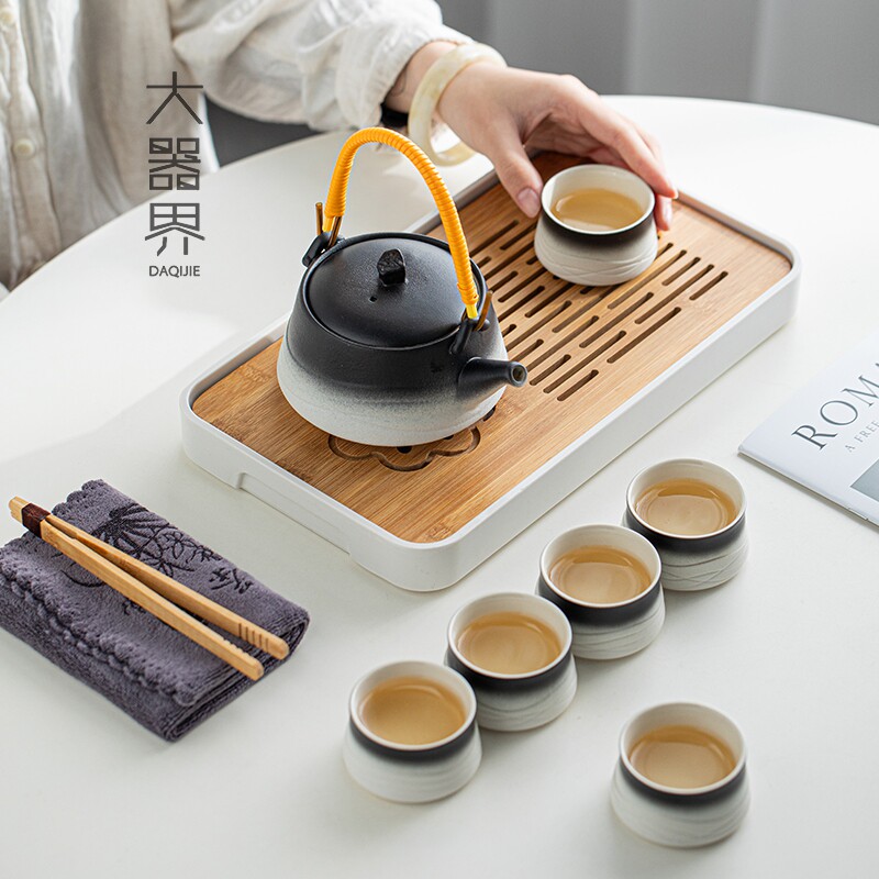 粗陶渐变色提梁壶茶具套装现代简约家用高档泡茶壶茶杯茶盘礼盒