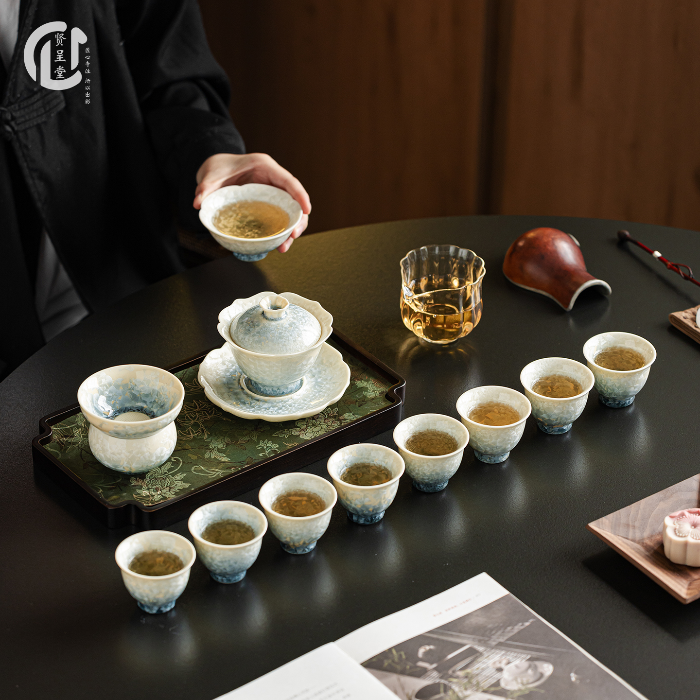 贤呈堂 结晶釉功夫茶具套装 整套三才盖碗家用节日送礼礼盒装高档