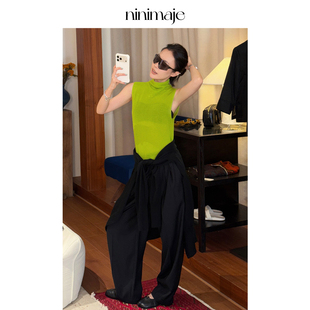 NANBEIBEI南北贝进口机织半高领无袖 绿色高级简约上衣 背心女春季