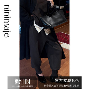 女宽松黑色松紧腰一体绒收脚裤 NANBEIBEI南北贝羊毛束脚裤 休闲裤