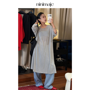 NANBEIBEI南北贝素色定织天丝麻慵懒连衣裙女春季 宽松简约长裙子