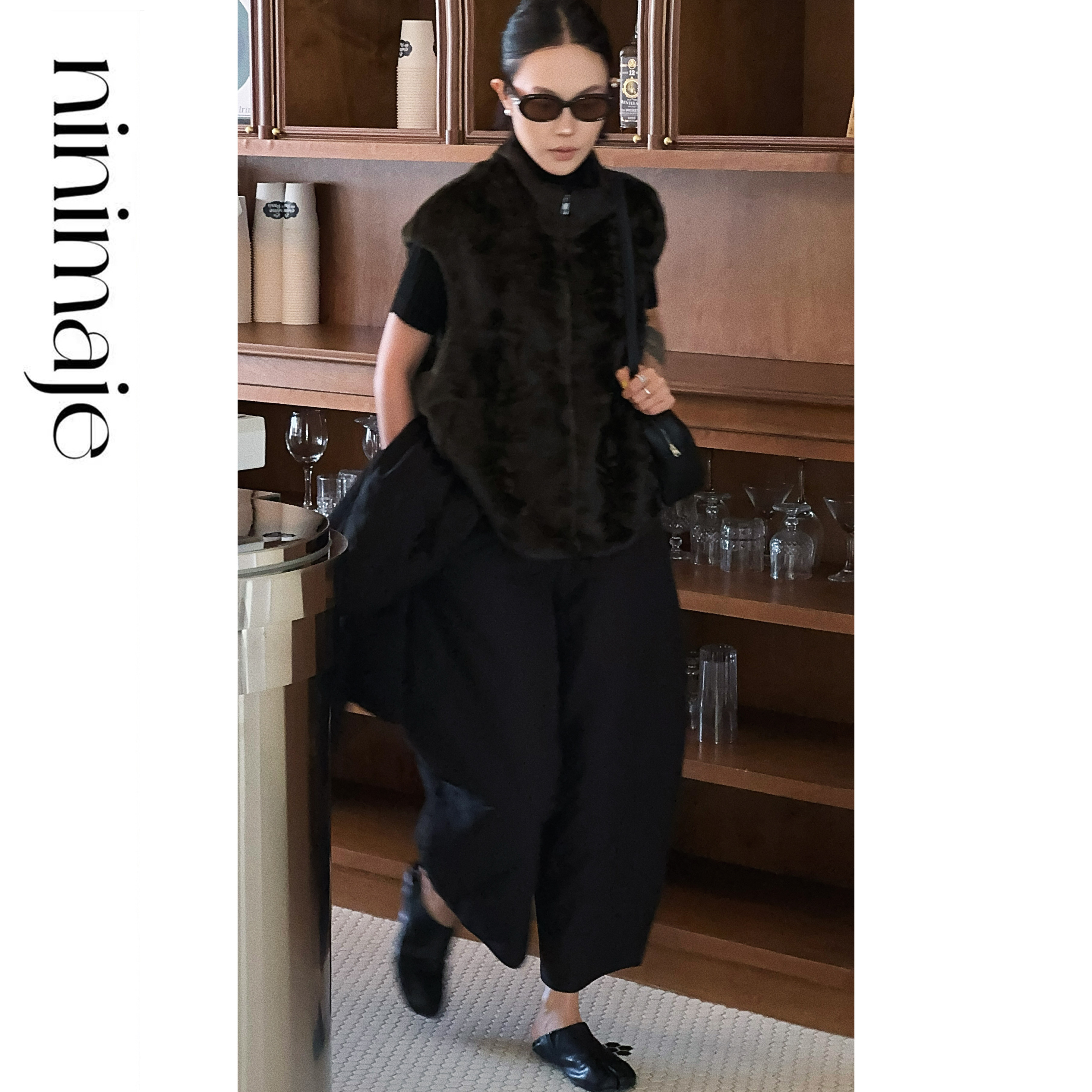 NANBEIBEI南北贝'九分棉裤'黑色宽松休闲裤女冬季新款加厚保暖冬