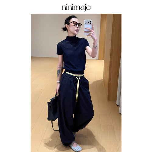 南北贝夏季拼接阔腿休闲裤女