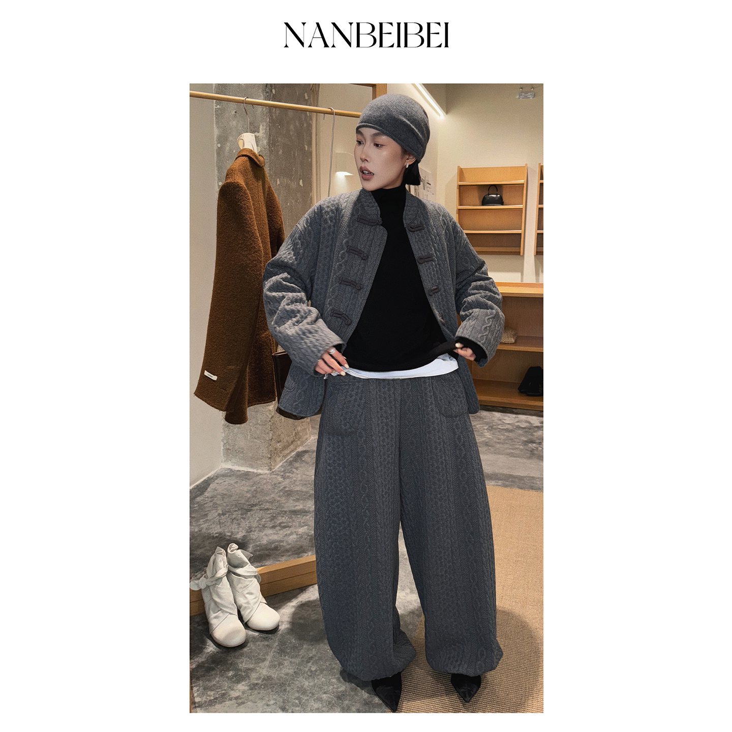 NANBEIBEI南北贝'麻花外套'春季新款国风新中式女装夹棉保暖宽松