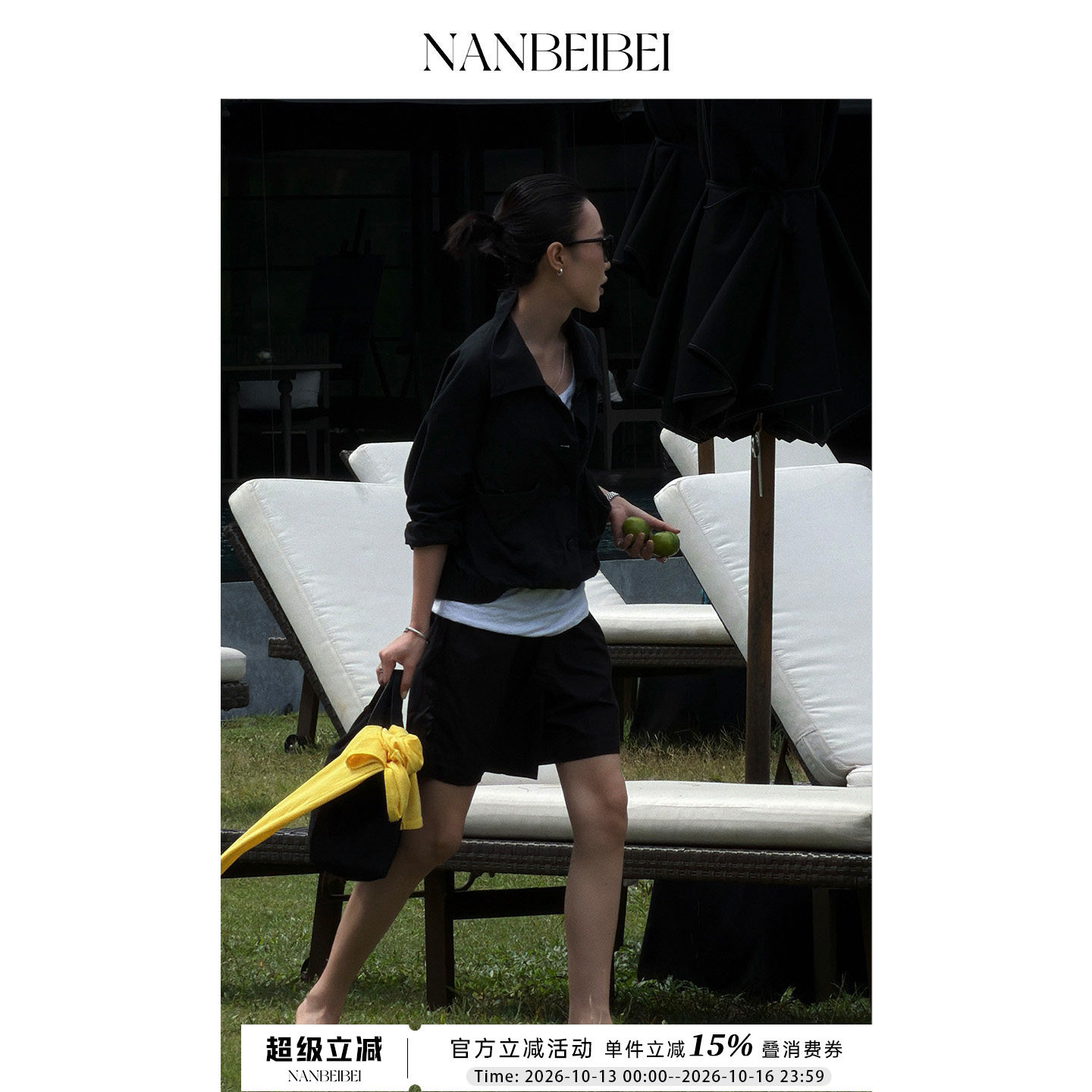 NANBEIBEI南北贝女款夏季宽松休闲简约亲肤透气系扣纯棉短裤