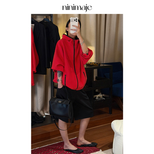 NANBEIBEI南北贝红色双面穿休闲宽松外套女春季 撞色线条廓形时尚