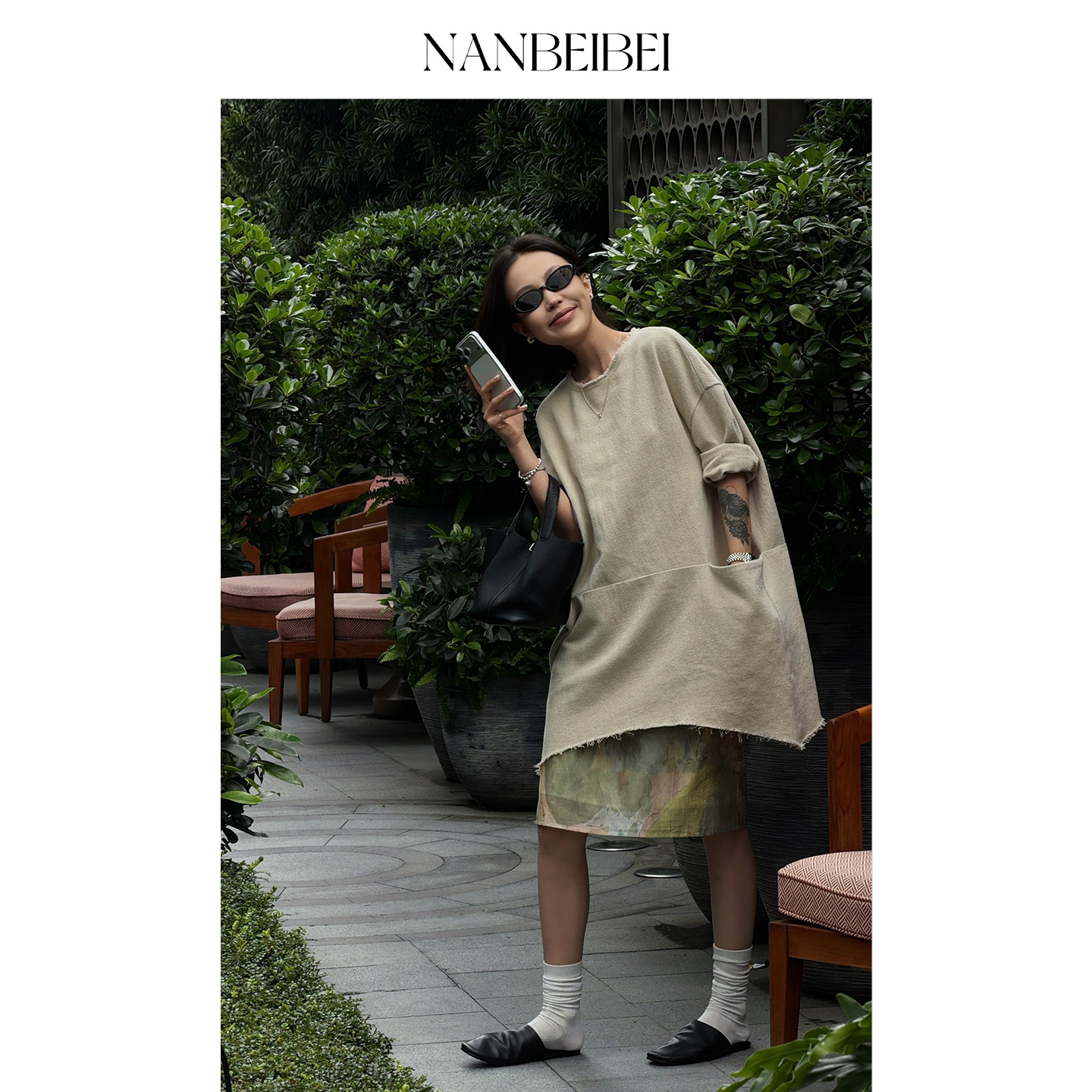 NANBEIBEI南北贝&lsquo;棉麻套头外套&rsquo;女士重磅毛边下摆口袋长款上衣