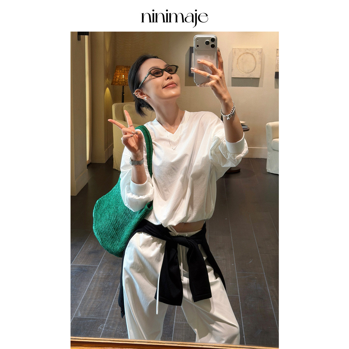 NANBEIBEI南北贝气质百搭V领套头卫衣衬衫女白色休闲简约薄款上衣