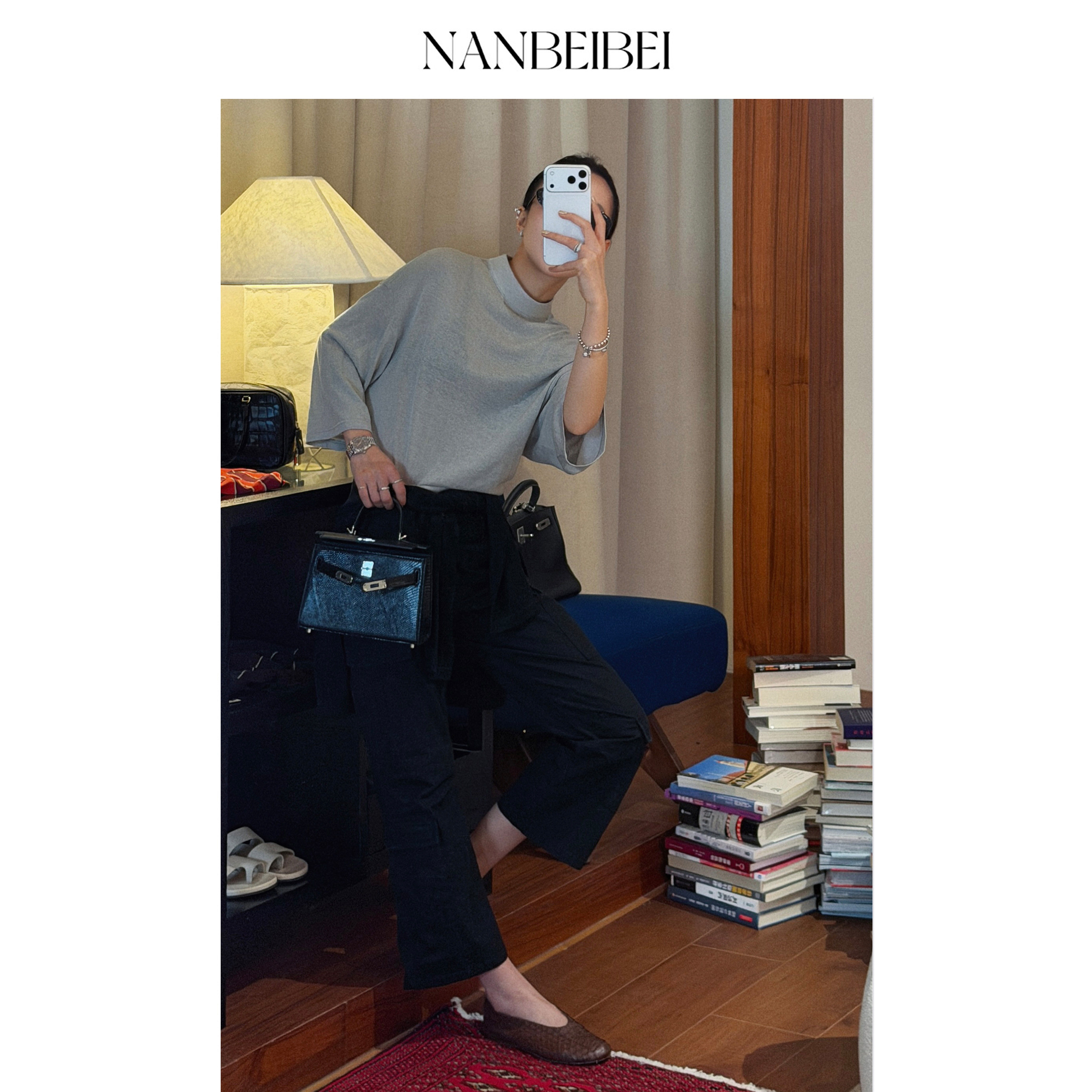 NANBEIBEI南北贝夏季新款八分裤子微喇工装裤女装口袋黑色七分裤