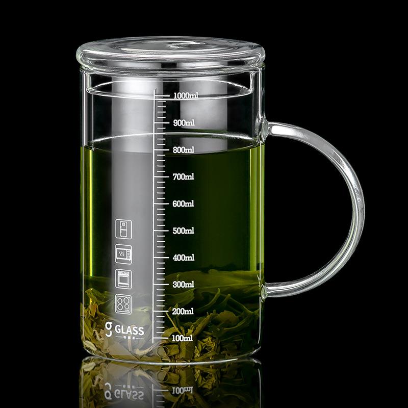 男士玻璃杯带盖把手刻度办公室透明泡茶杯1000ml耐热加厚耐热