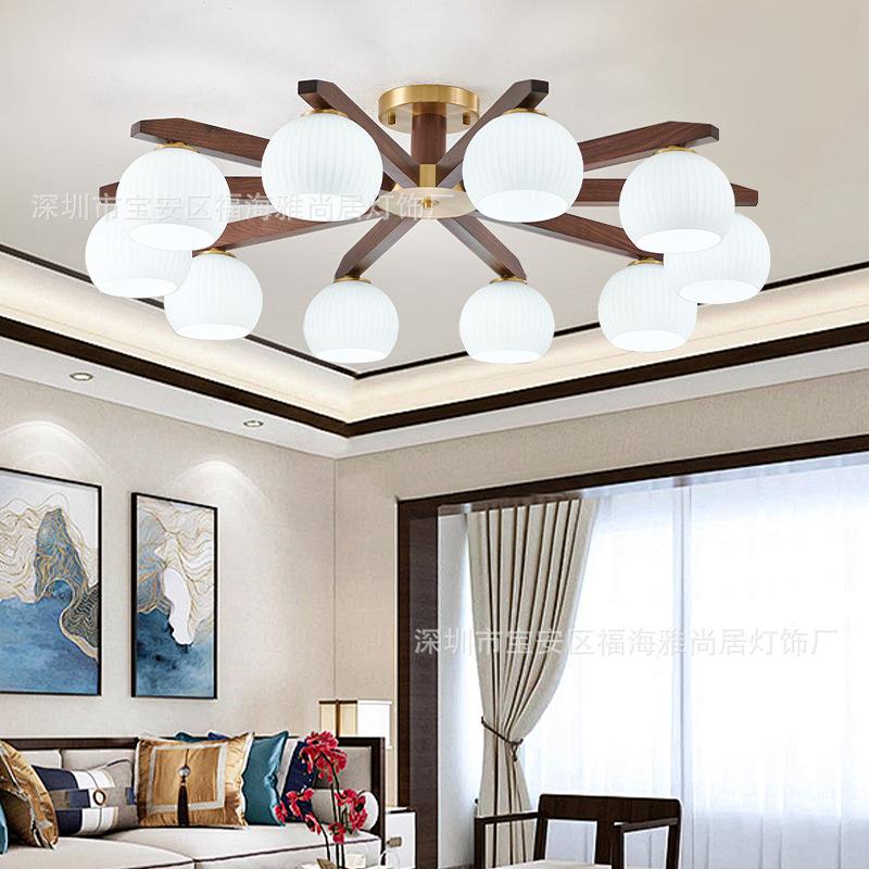 中古风客厅吊灯北欧复古胡桃木餐厅大气吊灯新中式大厅卧室灯具