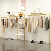 带正挂置物架靠墙衣架货架 女装 简约金色服装 店展示架上墙落地式