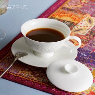 勺陶瓷哲带盖品杯下午对白通碟家居茶茶 透含杯骨瓷咖啡杯单个装