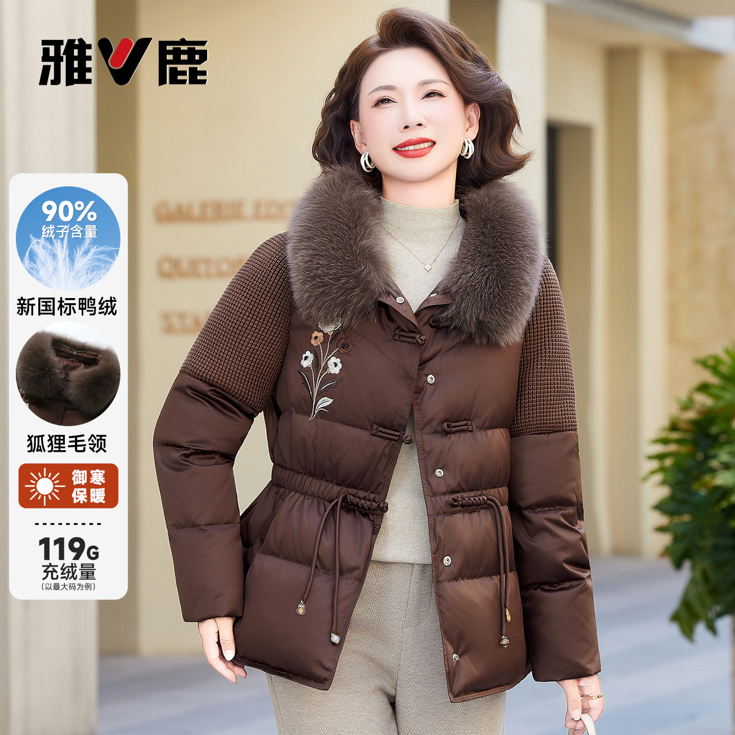 雅鹿新款洋气冬装羽绒服女狐狸大毛领针织拼接妈妈装盘口气质外套